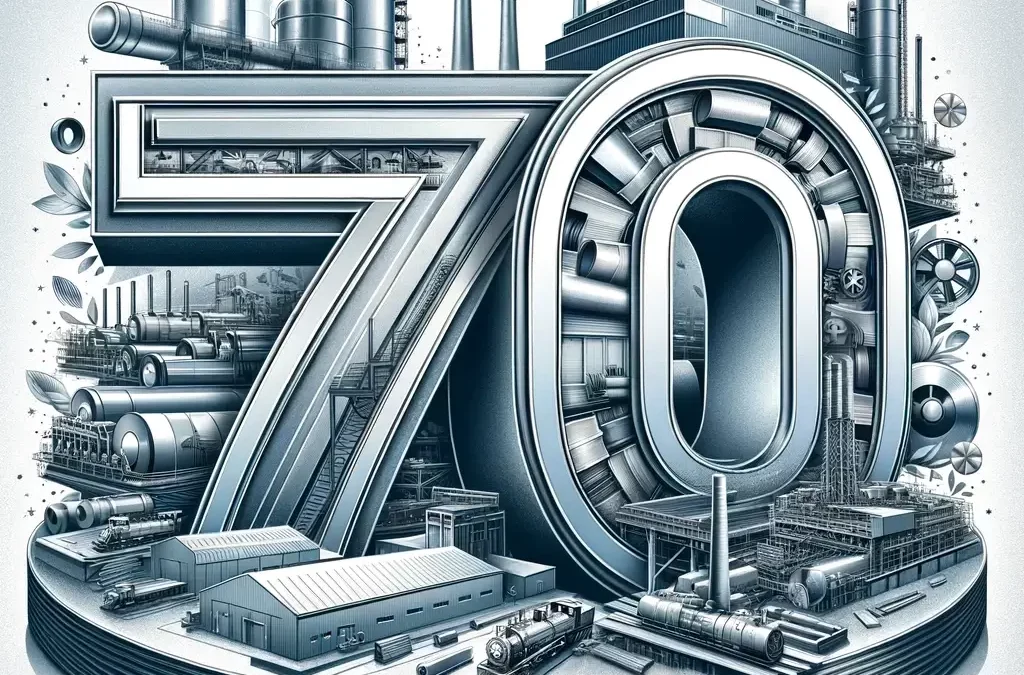 70th anniversary image for Delaware Valley Steel with bold logo, steel machinery, and factory background in gray, silver, and blue.